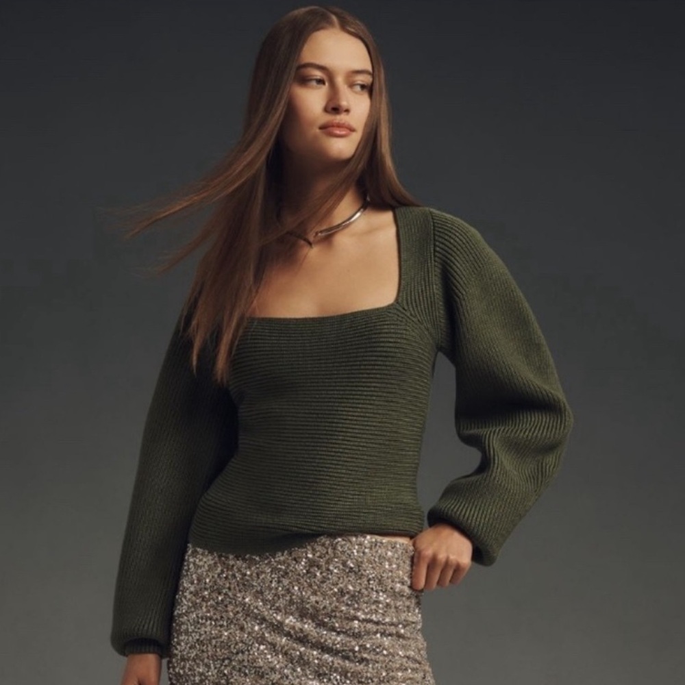 NWT Anthropologie Dark Green Maeve Square-Neck Wide-Sleeve Sweater - Multiple🛋️